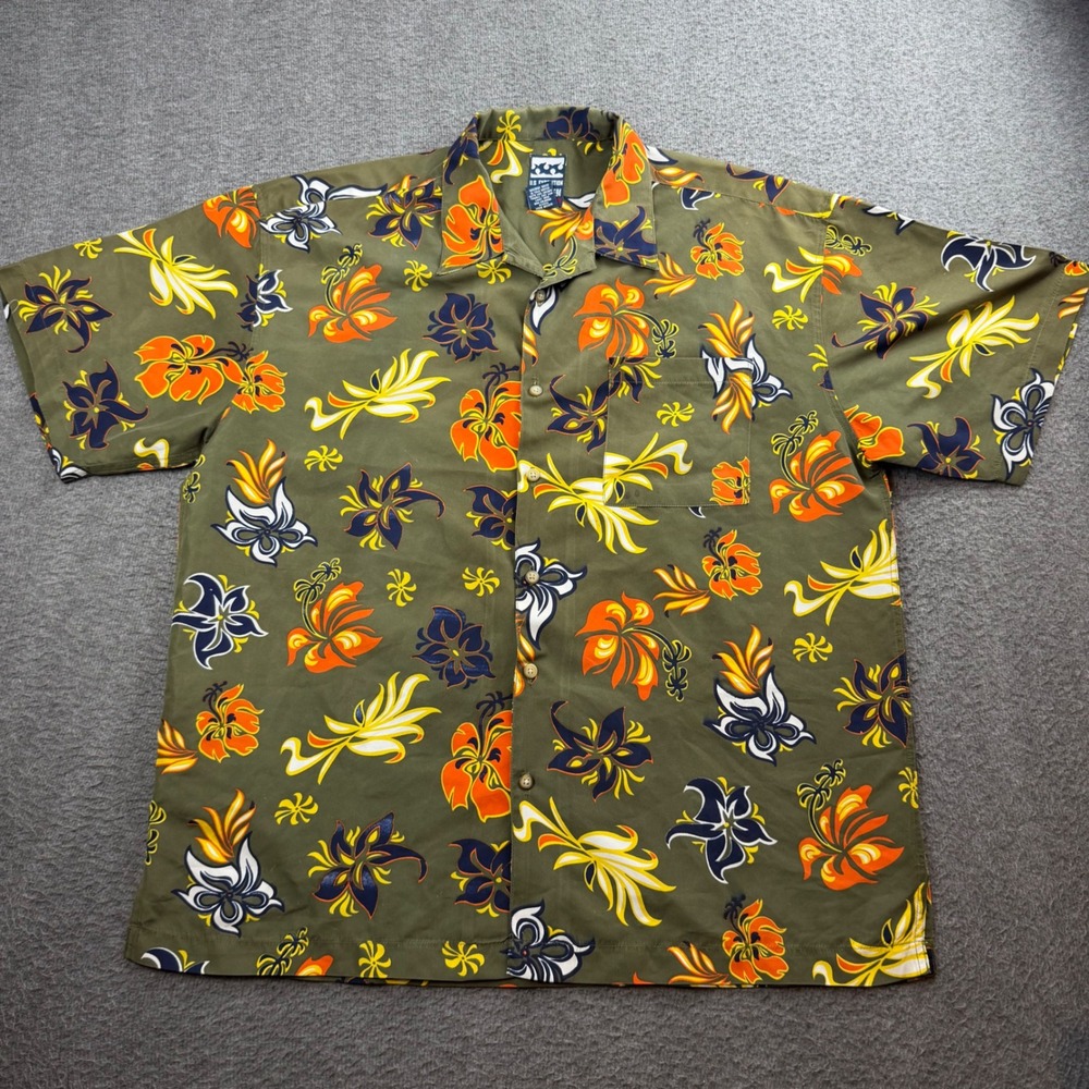 US Expedition Hawaiian Shirt Men Large Green Floral Tropical Short Sleeve Button